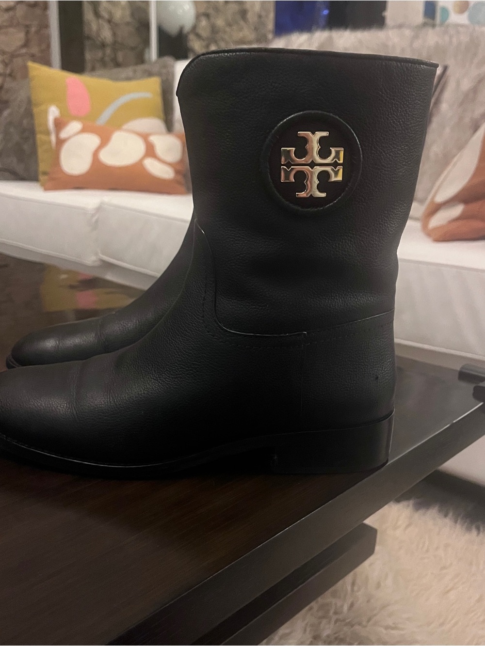 Authentic Tory Burch dark navy Leather Mid-Calf Heeled Boots with Gold Logo